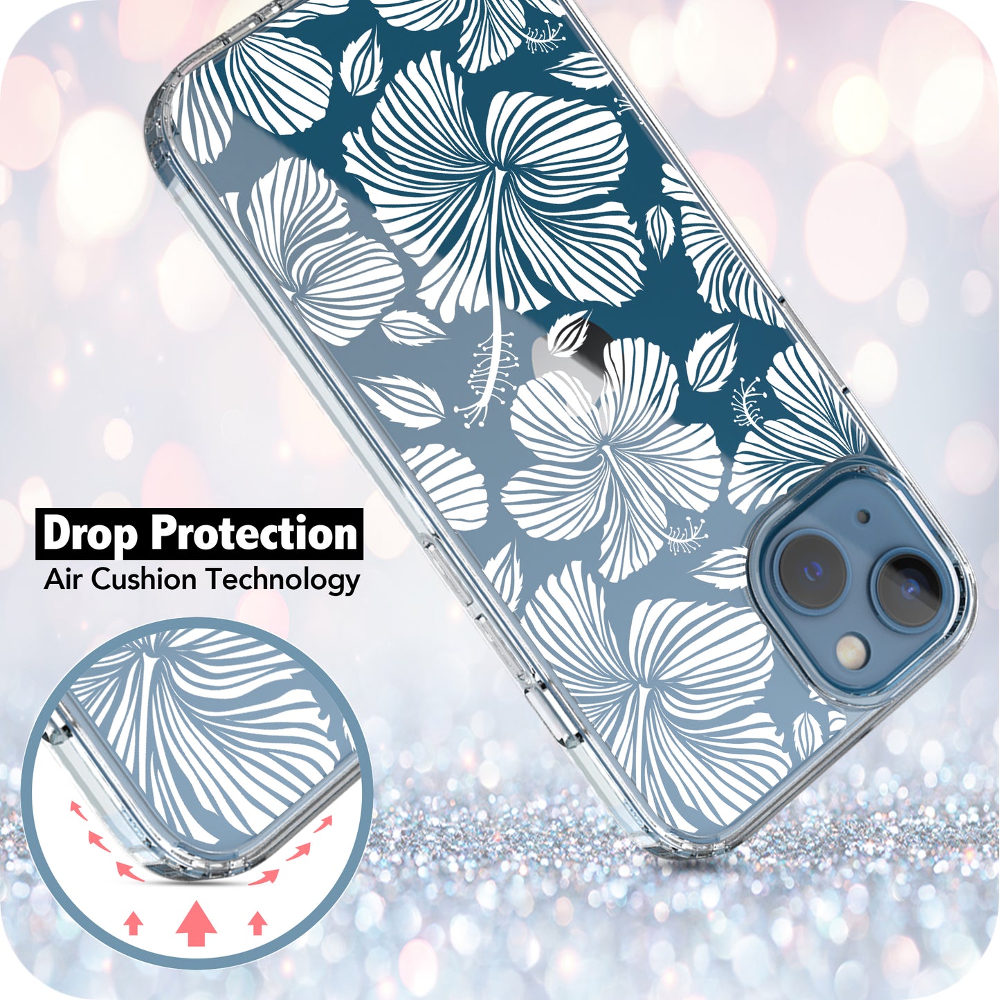 iPhone 13 Case, Anti-Scratch Clear Case - White Hibiscus Flowers