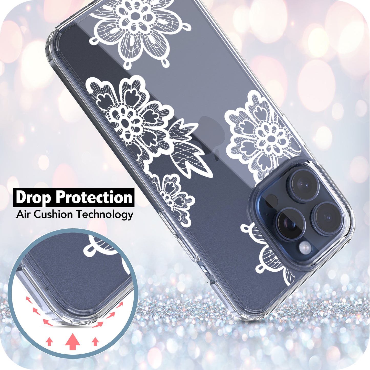 iPhone 15 Pro Max Case, Anti-Scratch Clear Case - Lace Flower