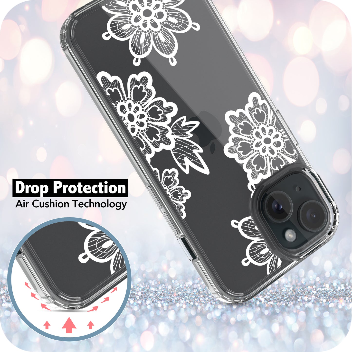 iPhone 15 Case, Anti-Scratch Clear Case - Lace Flower