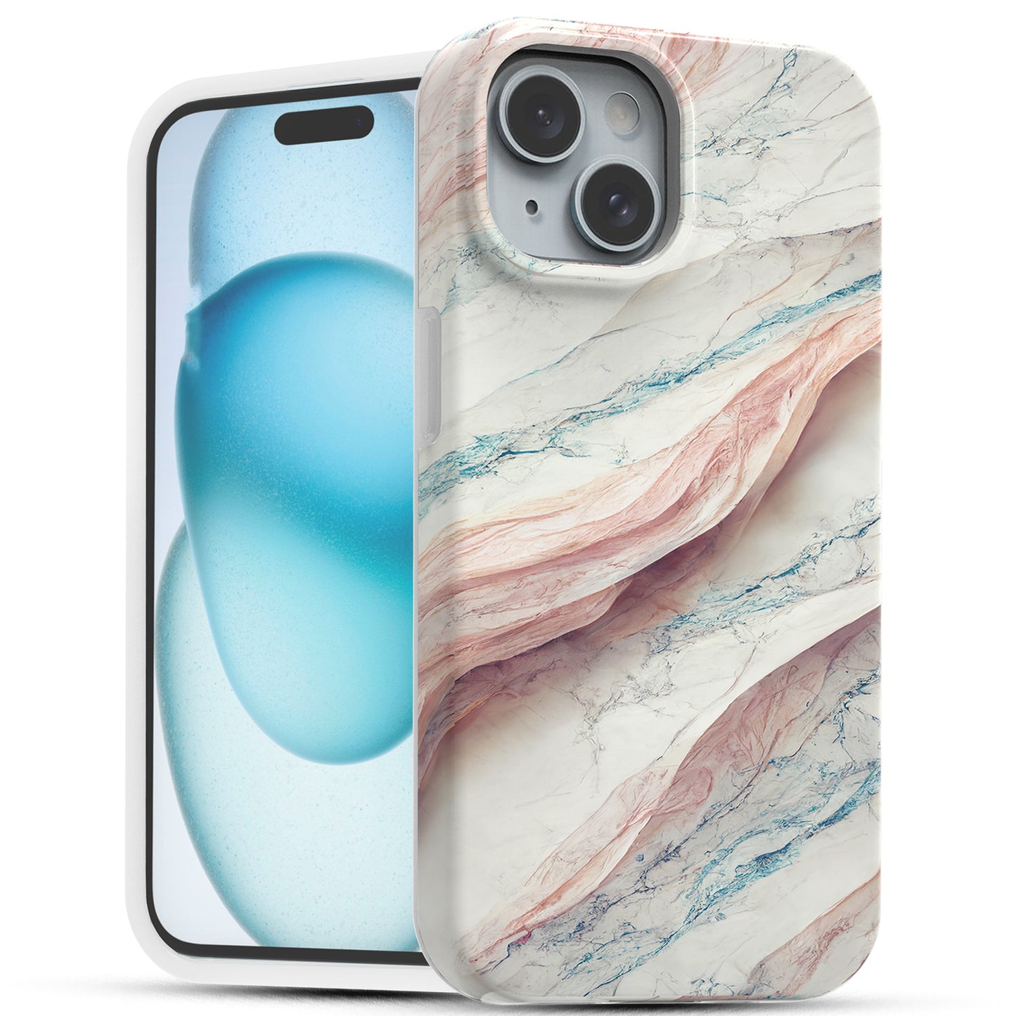 iPhone 15 Case, Slim Glossy Scratch-Proof Case - Abstract Marbling Art (Pink/Blue)