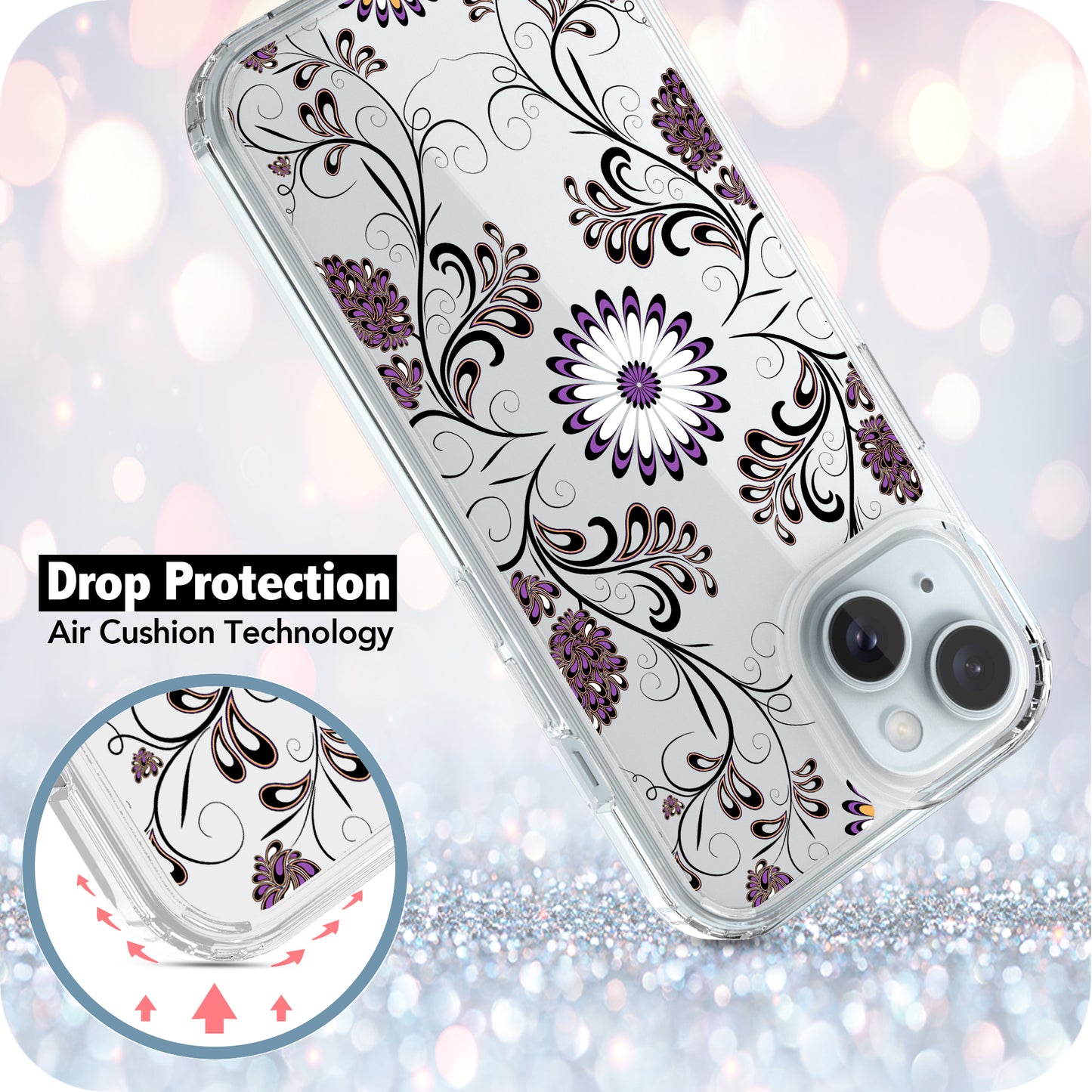 iPhone 15 Case, Anti-Scratch Clear Case - Violet Flowers