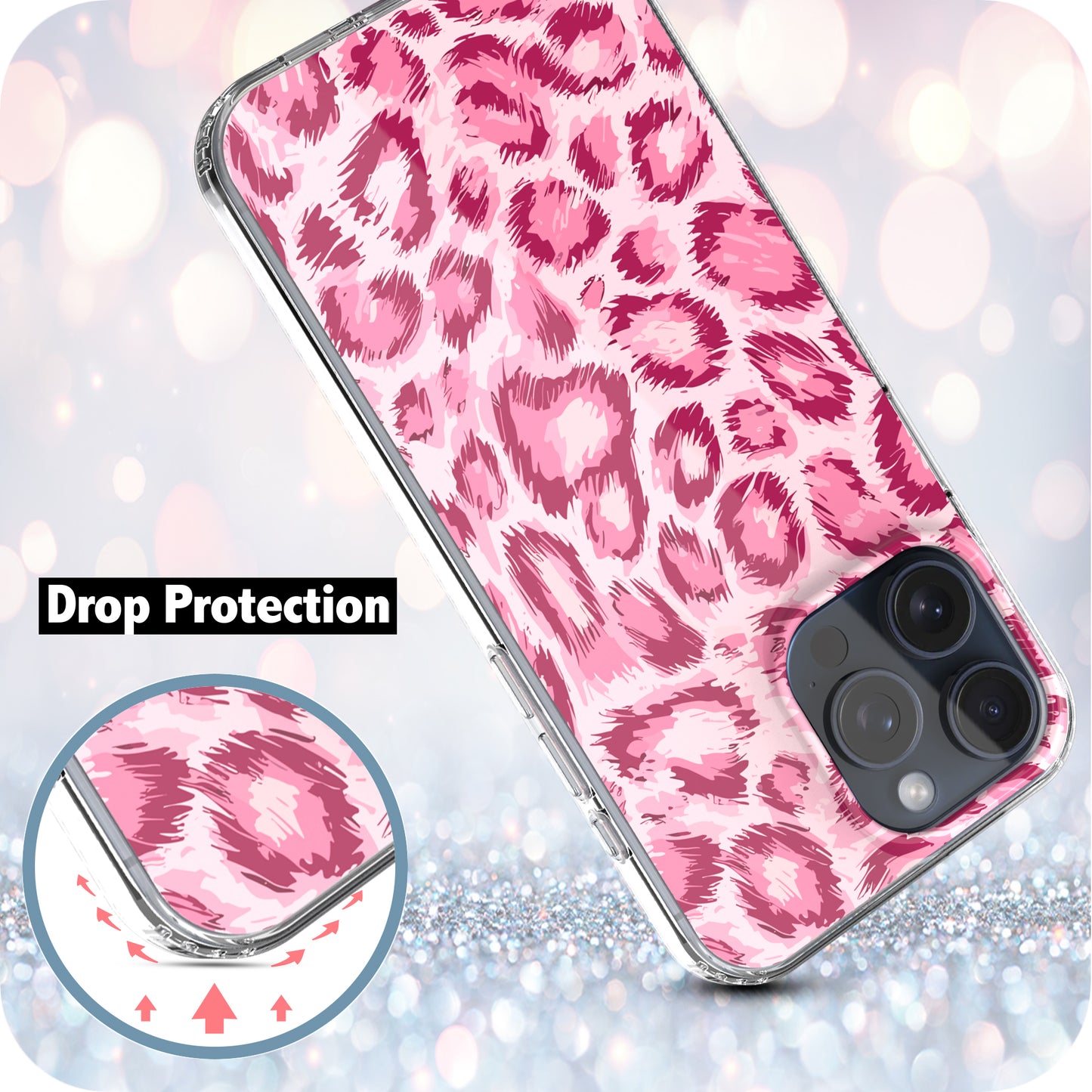 iPhone 15 Pro Max Case, Anti-Scratch Clear Case - Pink Leopard