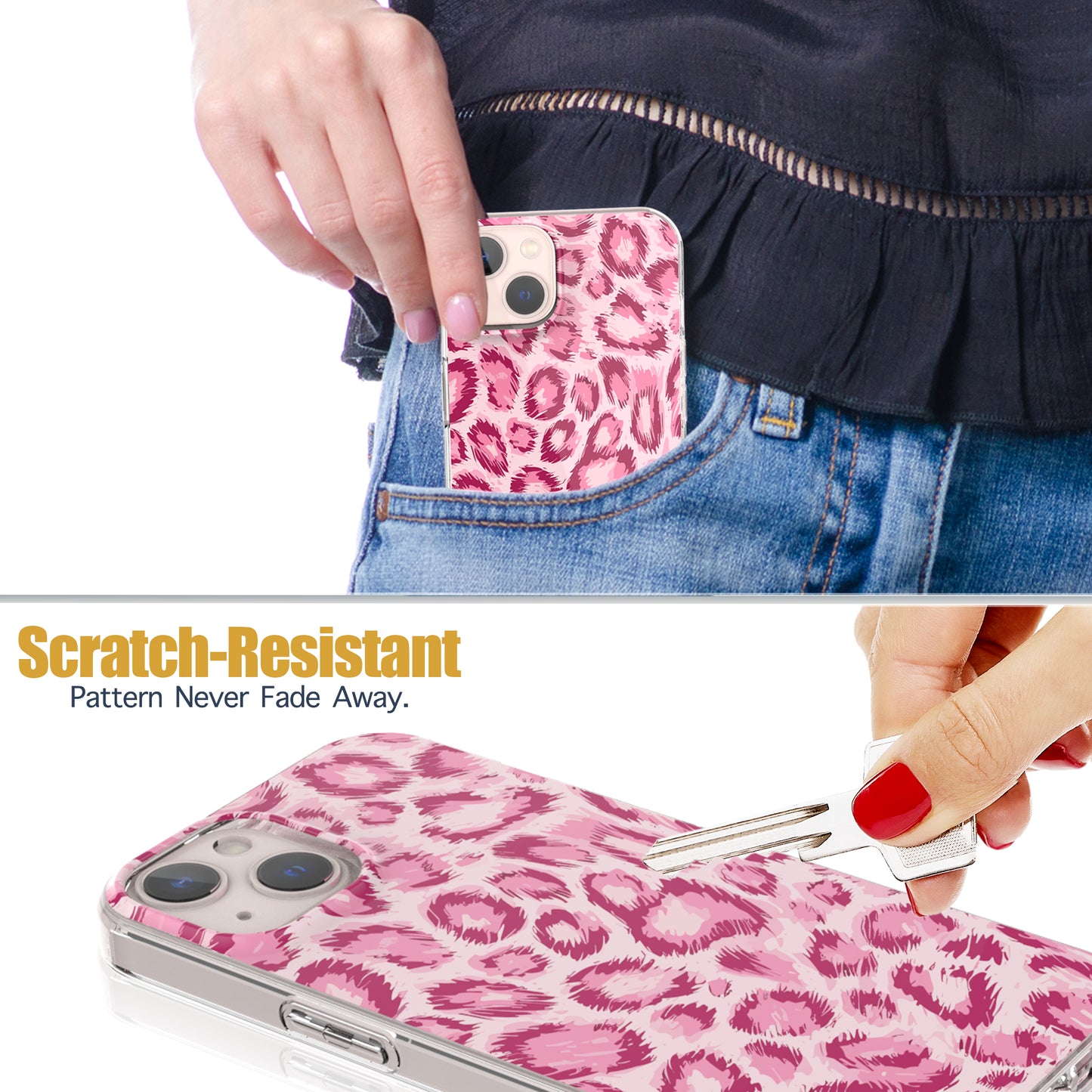 iPhone 14 Case, Anti-Scratch Clear Case - Pink Leopard