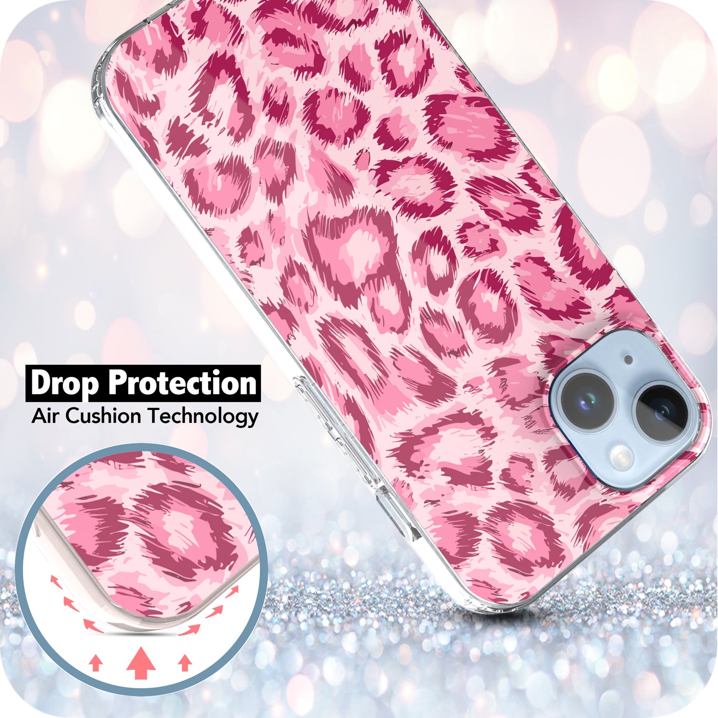 iPhone 14 Case, Anti-Scratch Clear Case - Pink Leopard