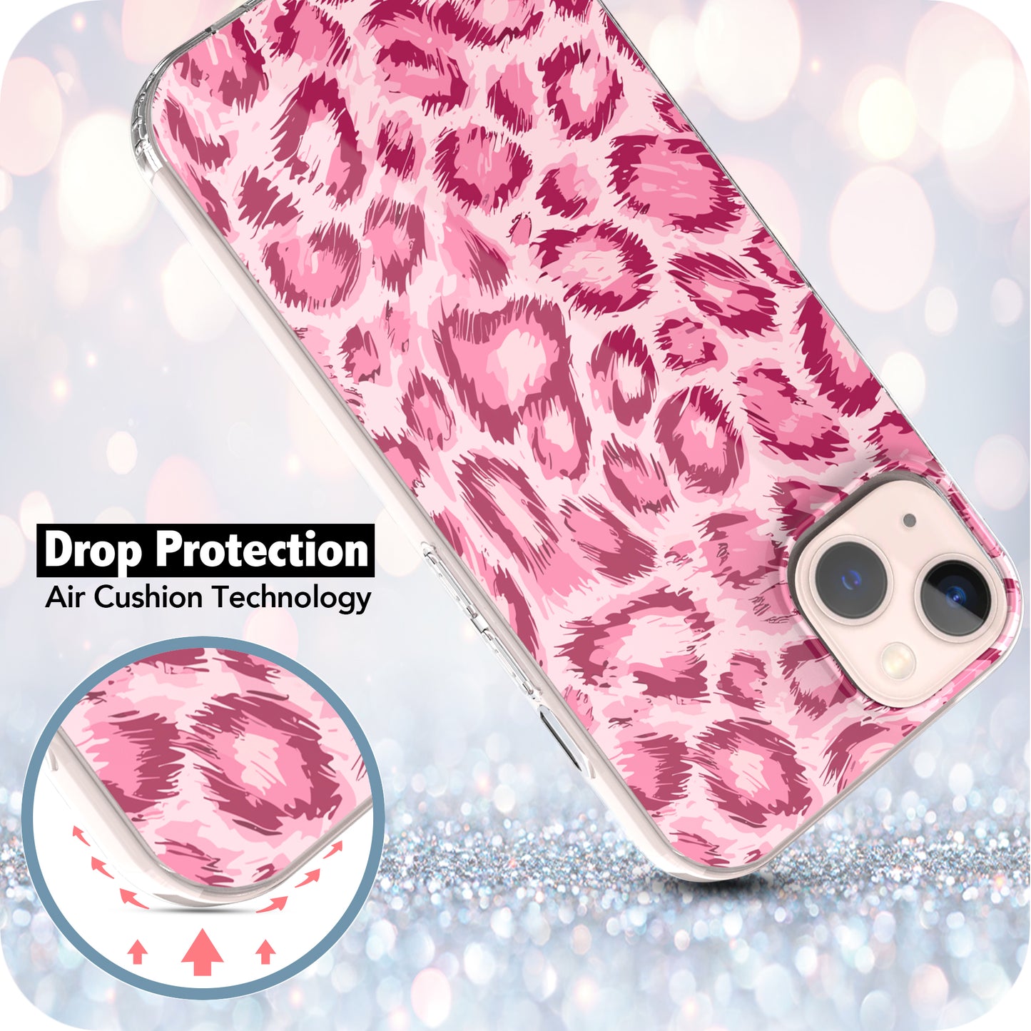 iPhone 13 Case, Anti-Scratch Clear Case - Pink Leopard