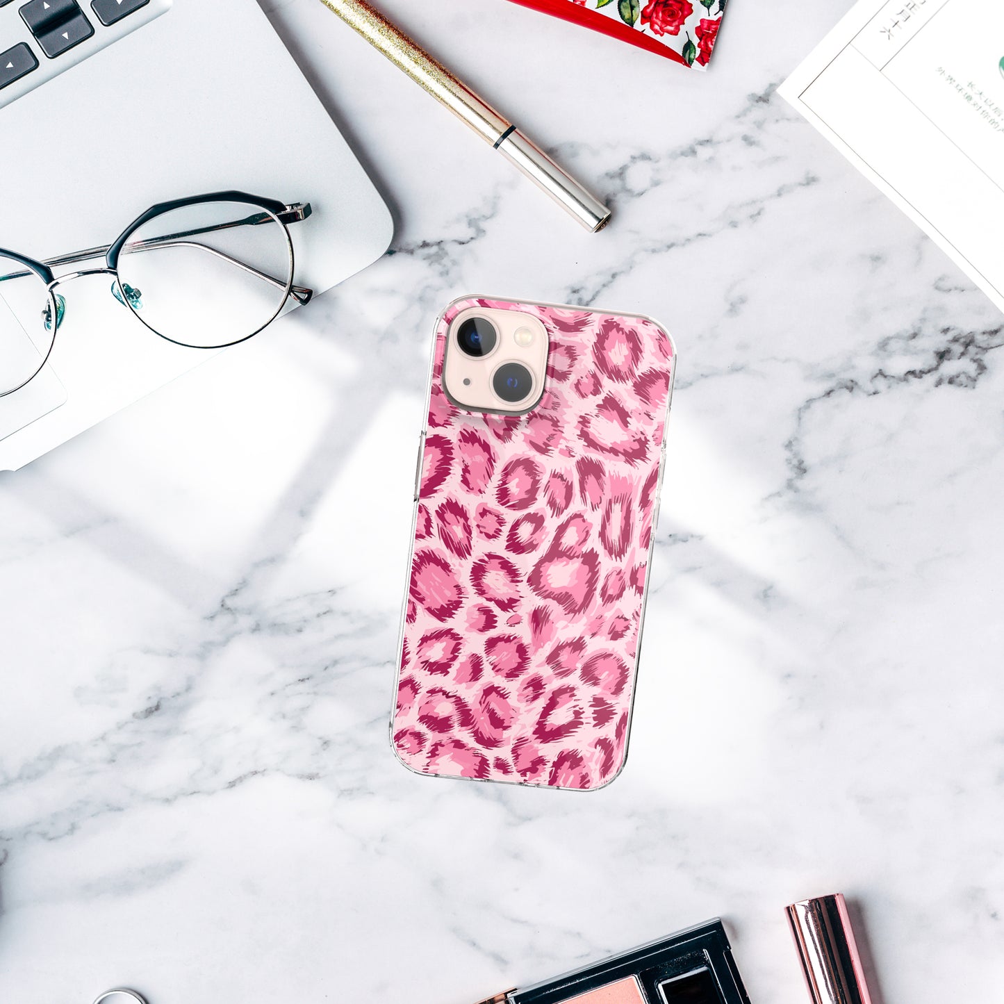 iPhone 15 Case, Anti-Scratch Clear Case - Pink Leopard