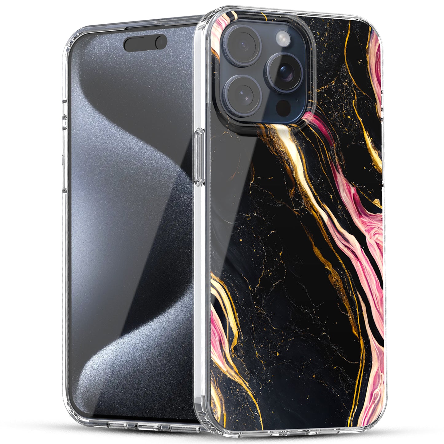 iPhone 15 Pro Max Case, Anti-Scratch Clear Case - Marble Art (Pink/Black)