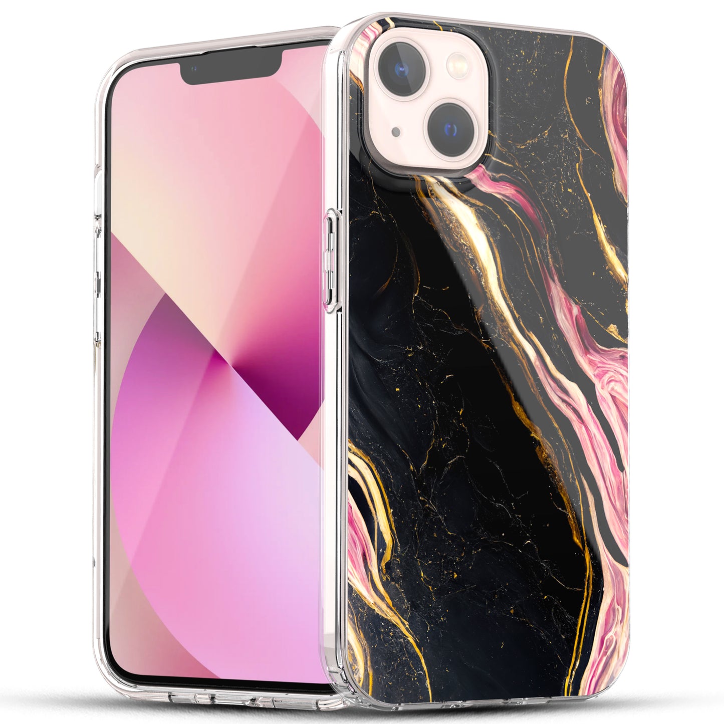 iPhone 13 Case, Anti-Scratch Clear Case - Marble Art (Pink/Black)