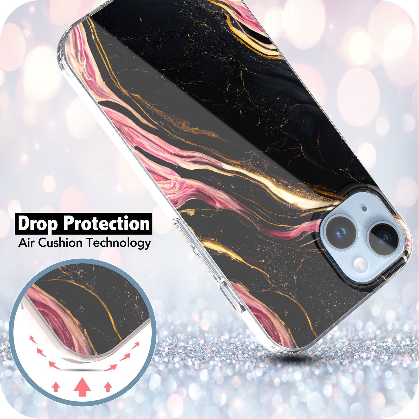 iPhone 14 Case, Anti-Scratch Clear Case - Marble Art (Pink/Black)