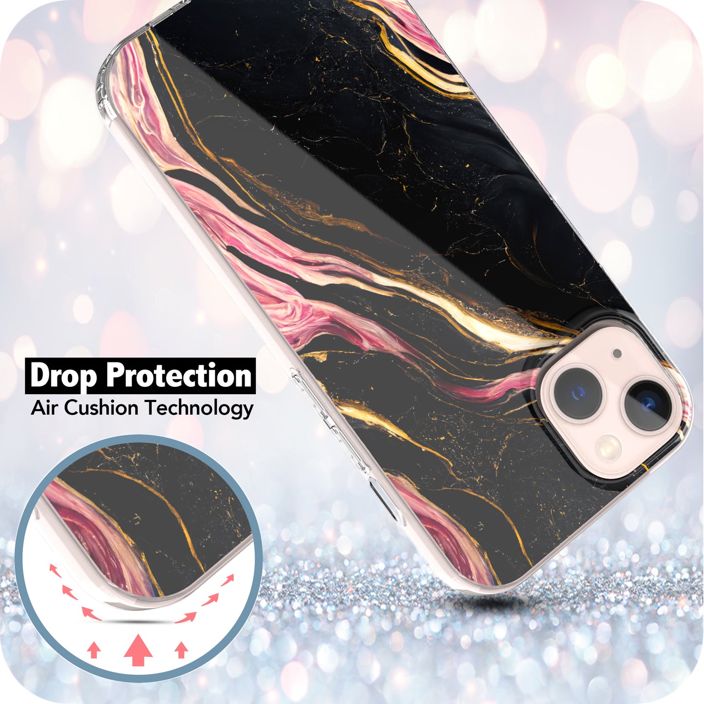 iPhone 15 Case, Anti-Scratch Clear Case - Marble Art (Pink/Black)