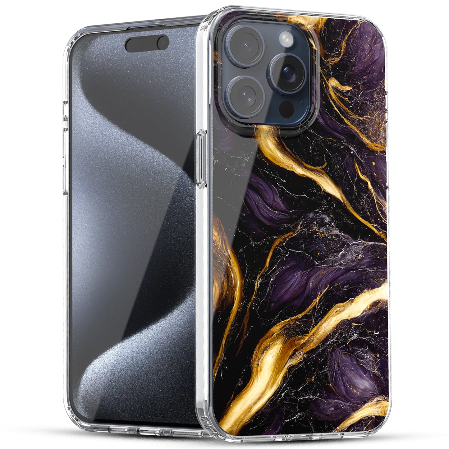 iPhone 15 Pro Max Case, Anti-Scratch Clear Case - Marble Art (Purple/Black)