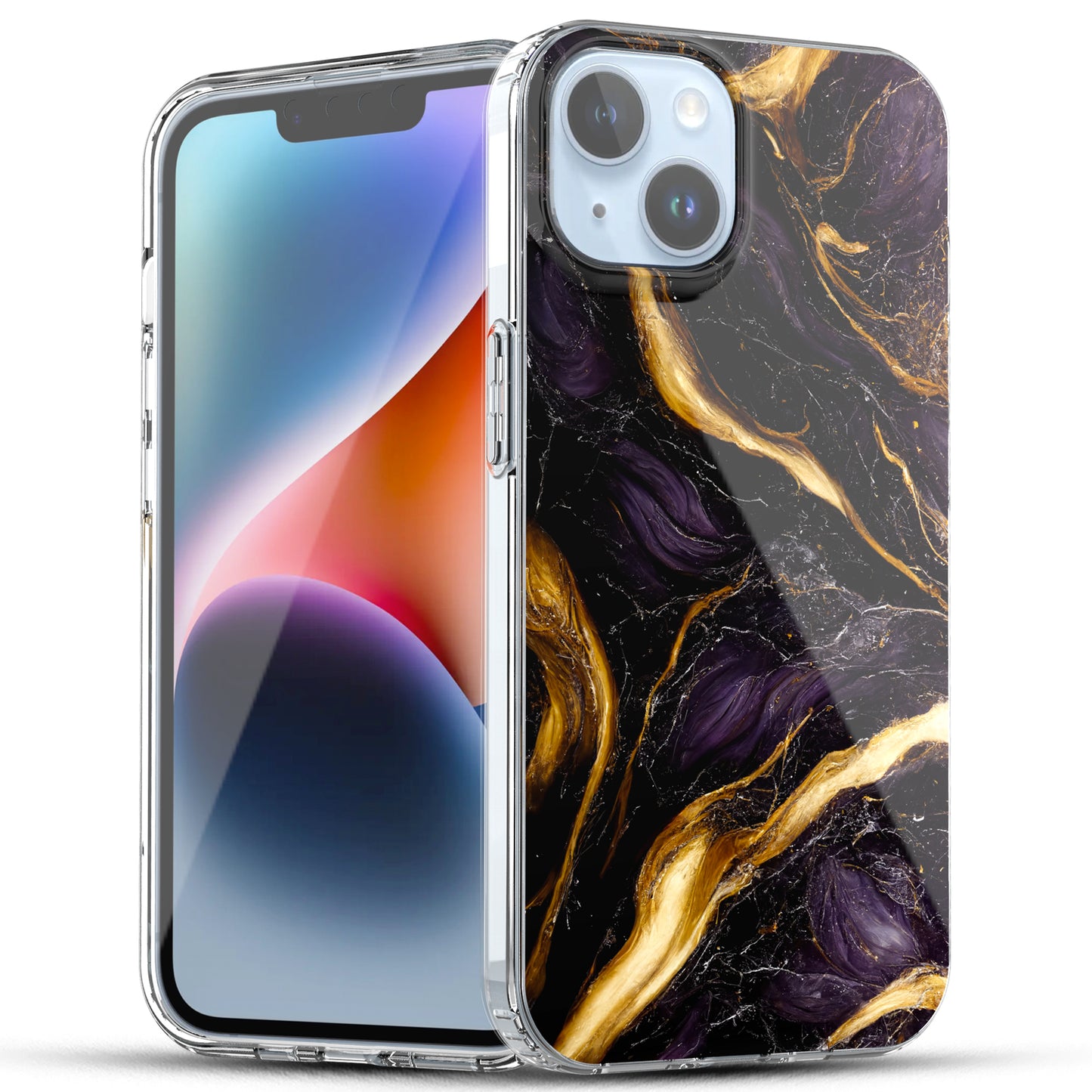 iPhone 14 Case, Anti-Scratch Clear Case - Marble Art (Purple/Black)