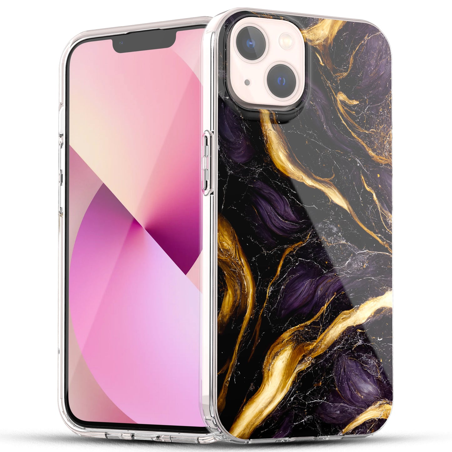 iPhone 15 Case, Anti-Scratch Clear Case - Marble Art (Purple/Black)