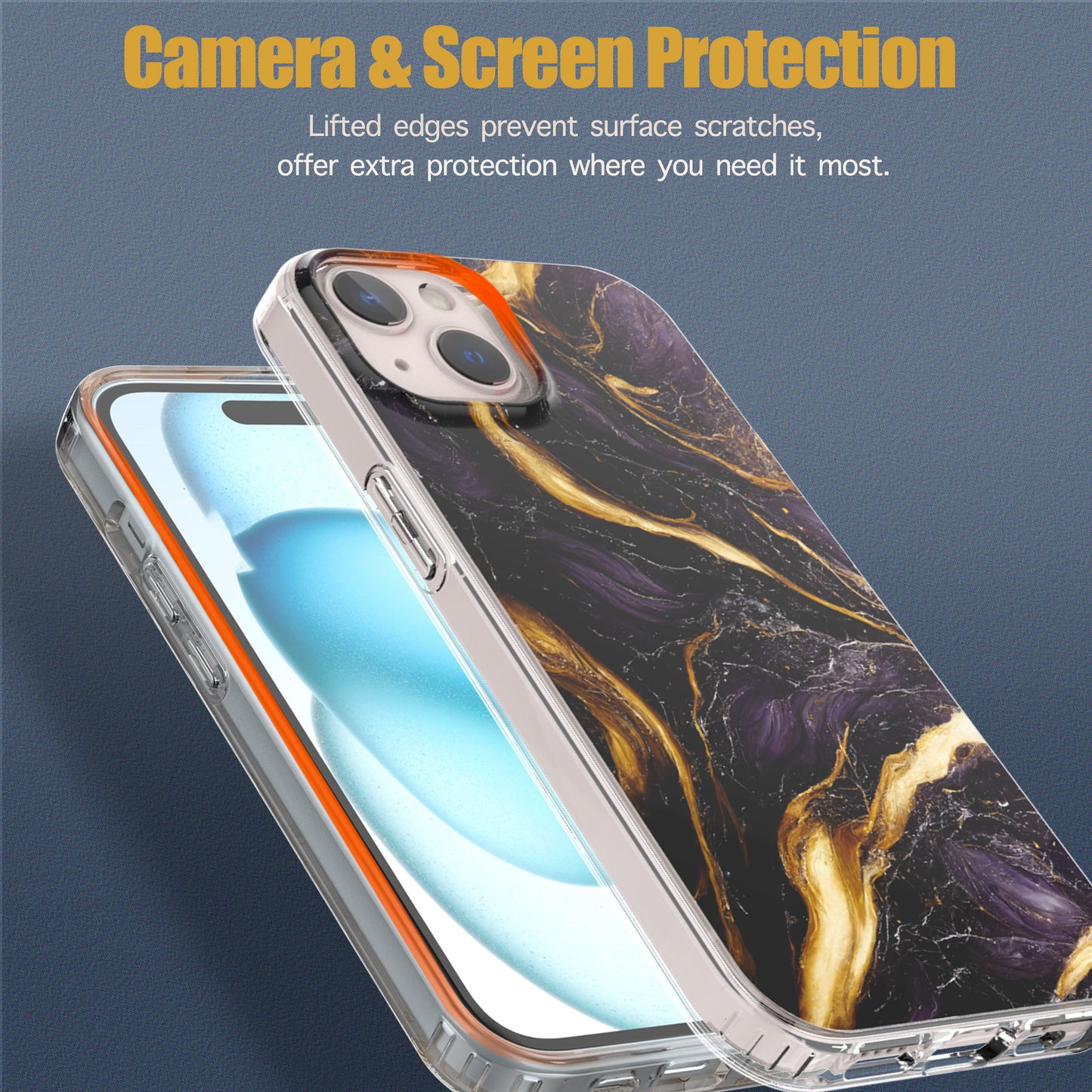 iPhone 13 Case, Anti-Scratch Clear Case - Marble Art (Purple/Black)