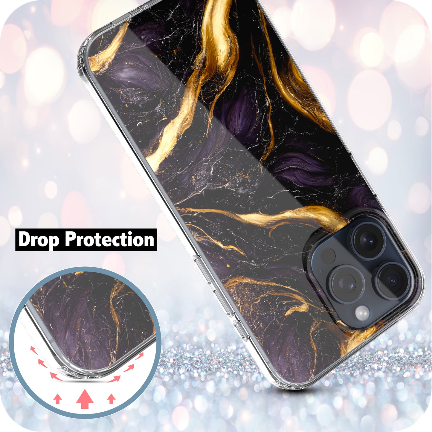 iPhone 15 Pro Max Case, Anti-Scratch Clear Case - Marble Art (Purple/Black)