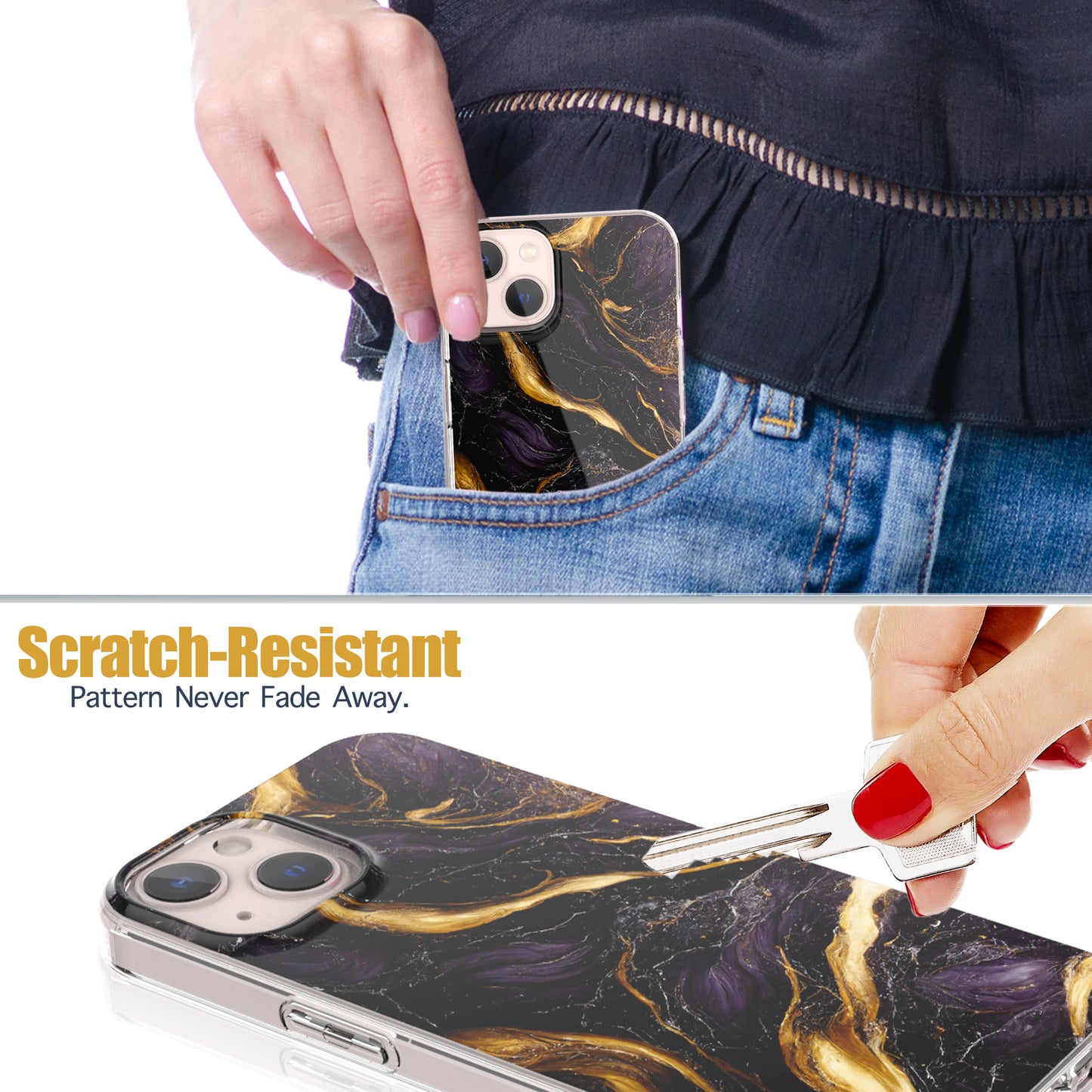 iPhone 13 Case, Anti-Scratch Clear Case - Marble Art (Purple/Black)