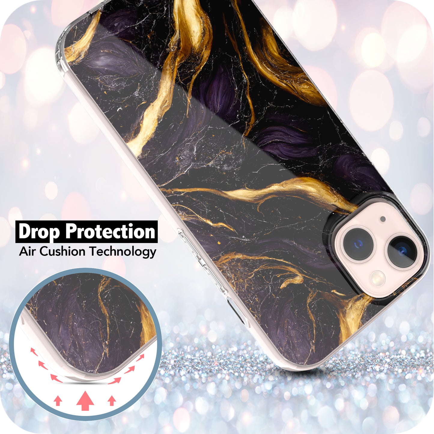 iPhone 13 Case, Anti-Scratch Clear Case - Marble Art (Purple/Black)