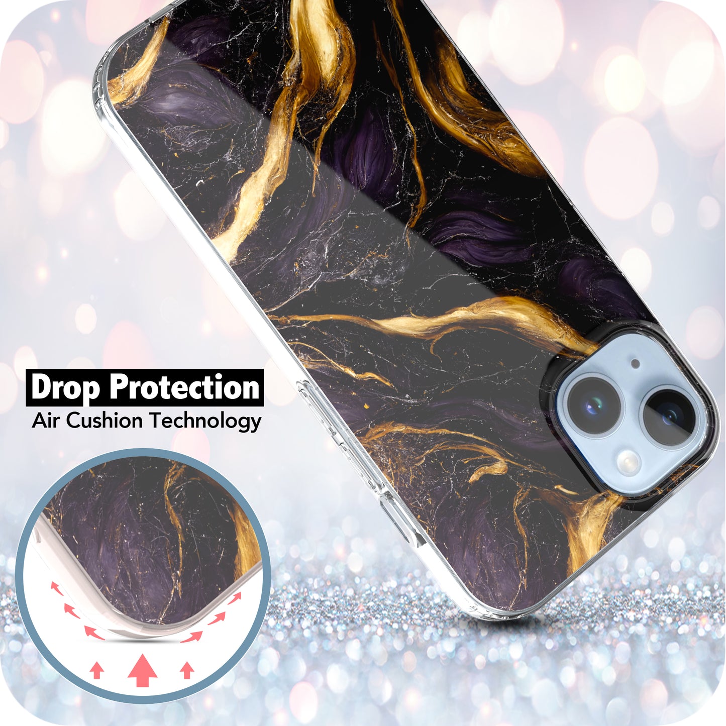 iPhone 14 Case, Anti-Scratch Clear Case - Marble Art (Purple/Black)