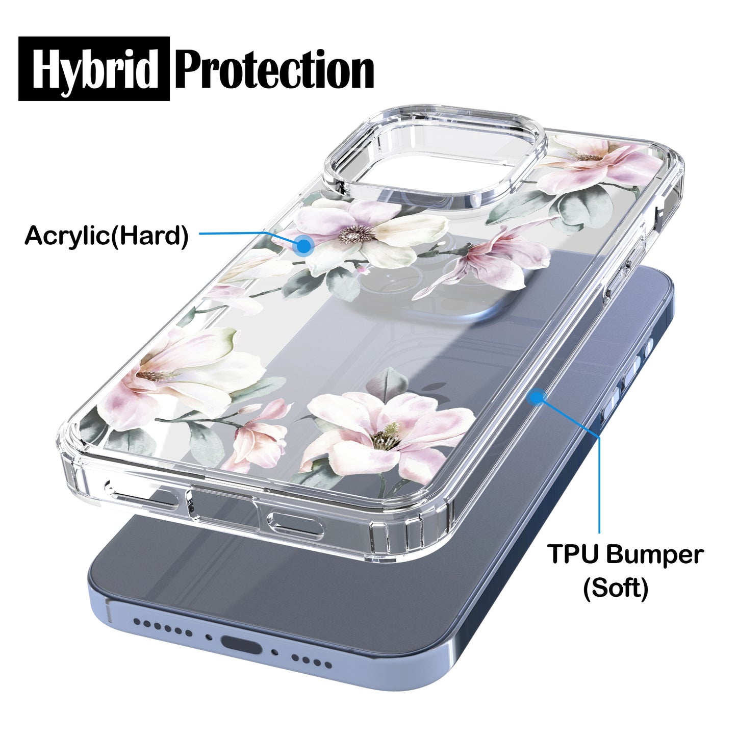 iPhone 15 Pro Max Case, Anti-Scratch Clear Case - Pink Magnolia Flower