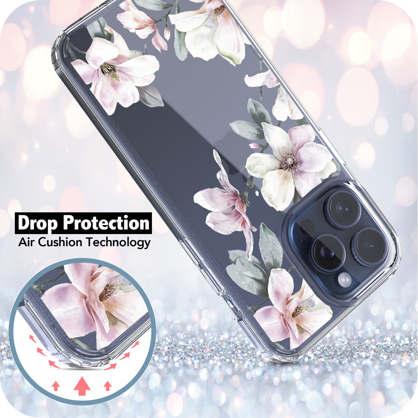 iPhone 15 Pro Case, Anti-Scratch Clear Case - Pink Magnolia Flower