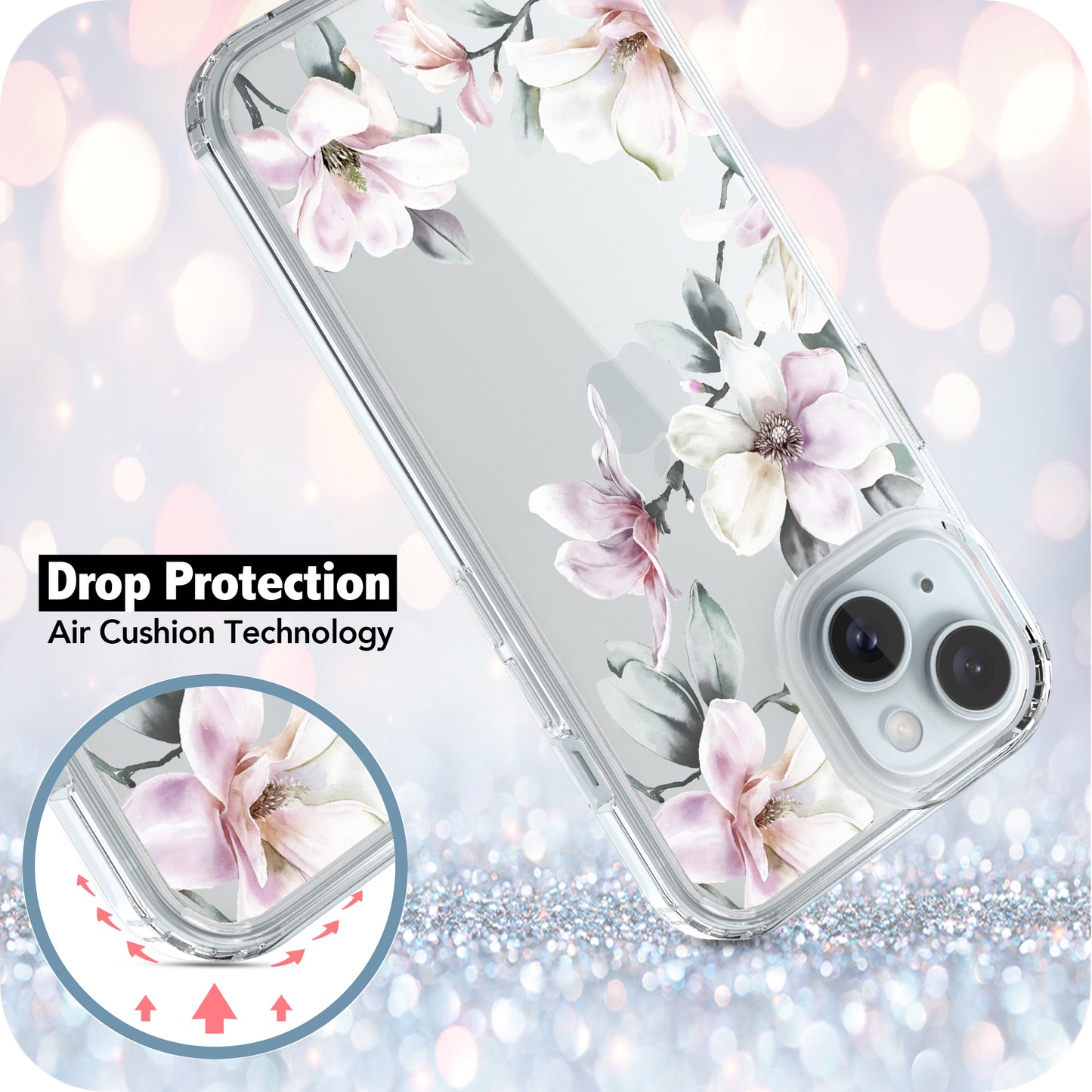 iPhone 15 Case, Anti-Scratch Clear Case - Pink Magnolia Flower