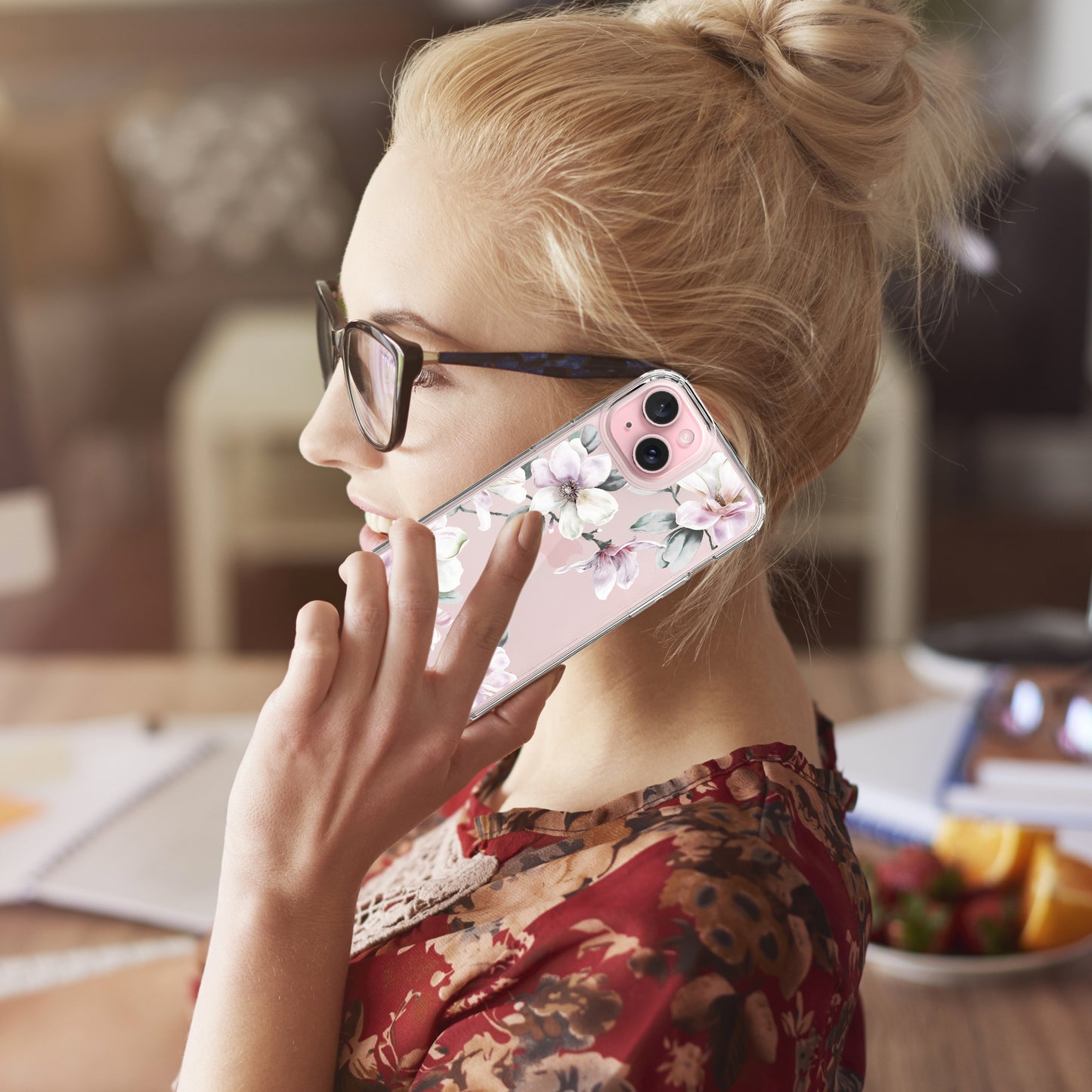 iPhone 15 Case, Anti-Scratch Clear Case - Pink Magnolia Flower