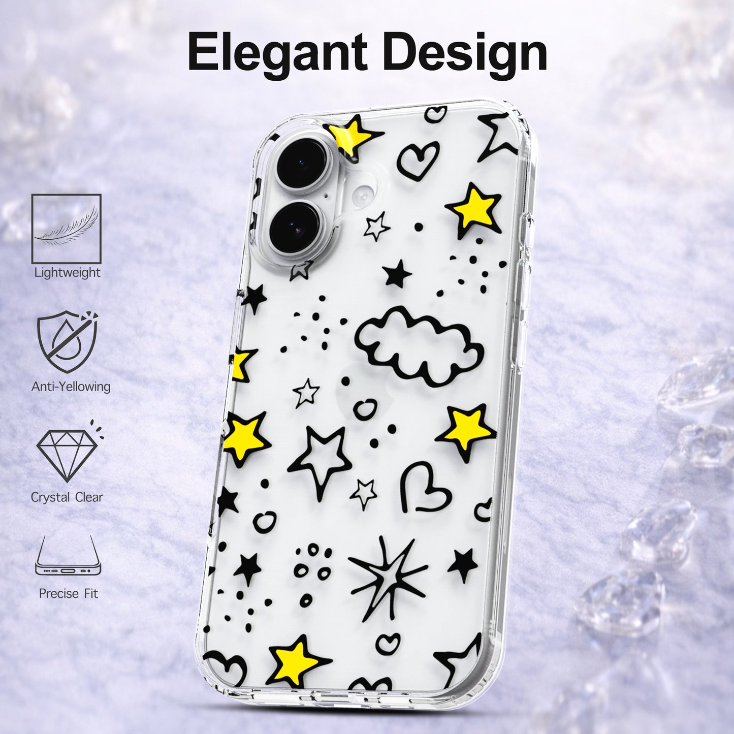 iPhone 16 Case, Anti-Scratch Clear Case - Hearts Stars Clouds