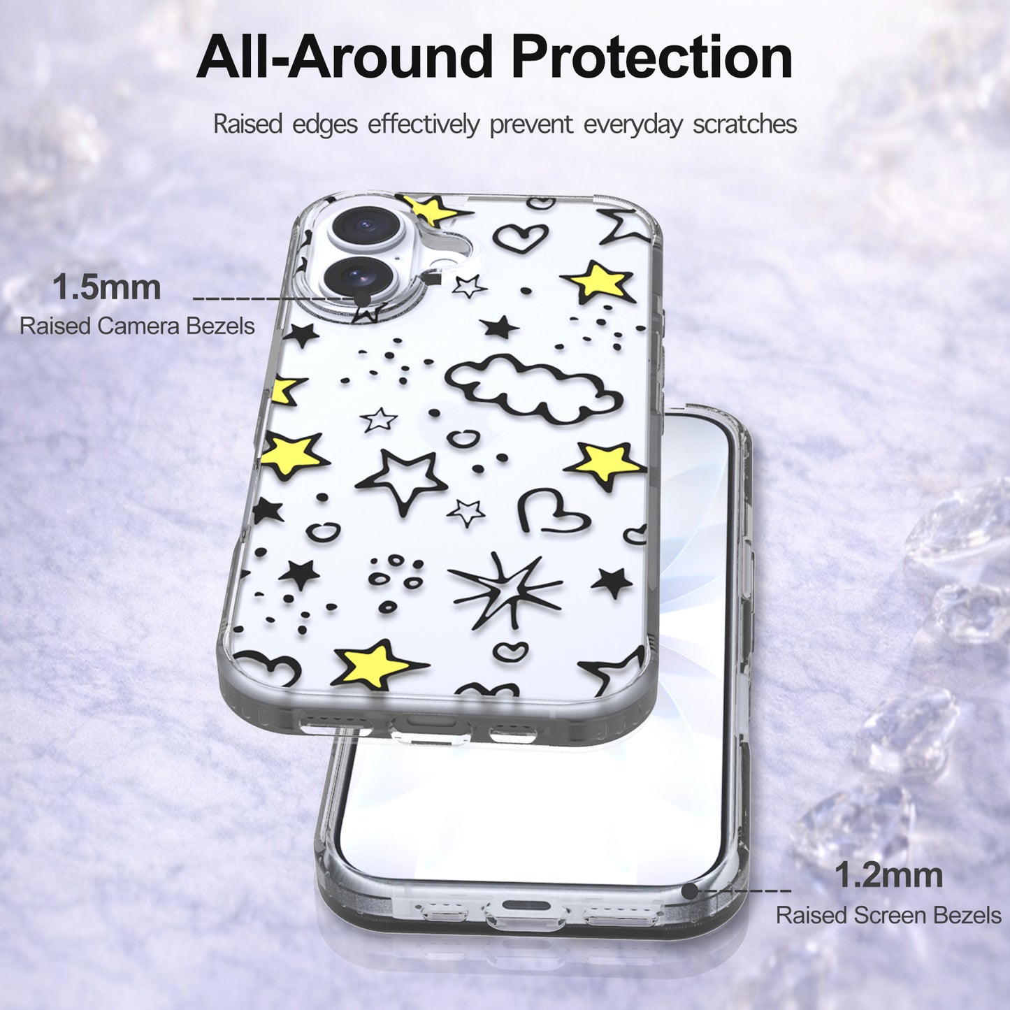 iPhone 16 Case, Anti-Scratch Clear Case - Hearts Stars Clouds