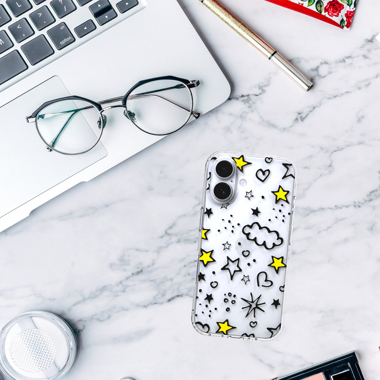 iPhone 16 Case, Anti-Scratch Clear Case - Hearts Stars Clouds