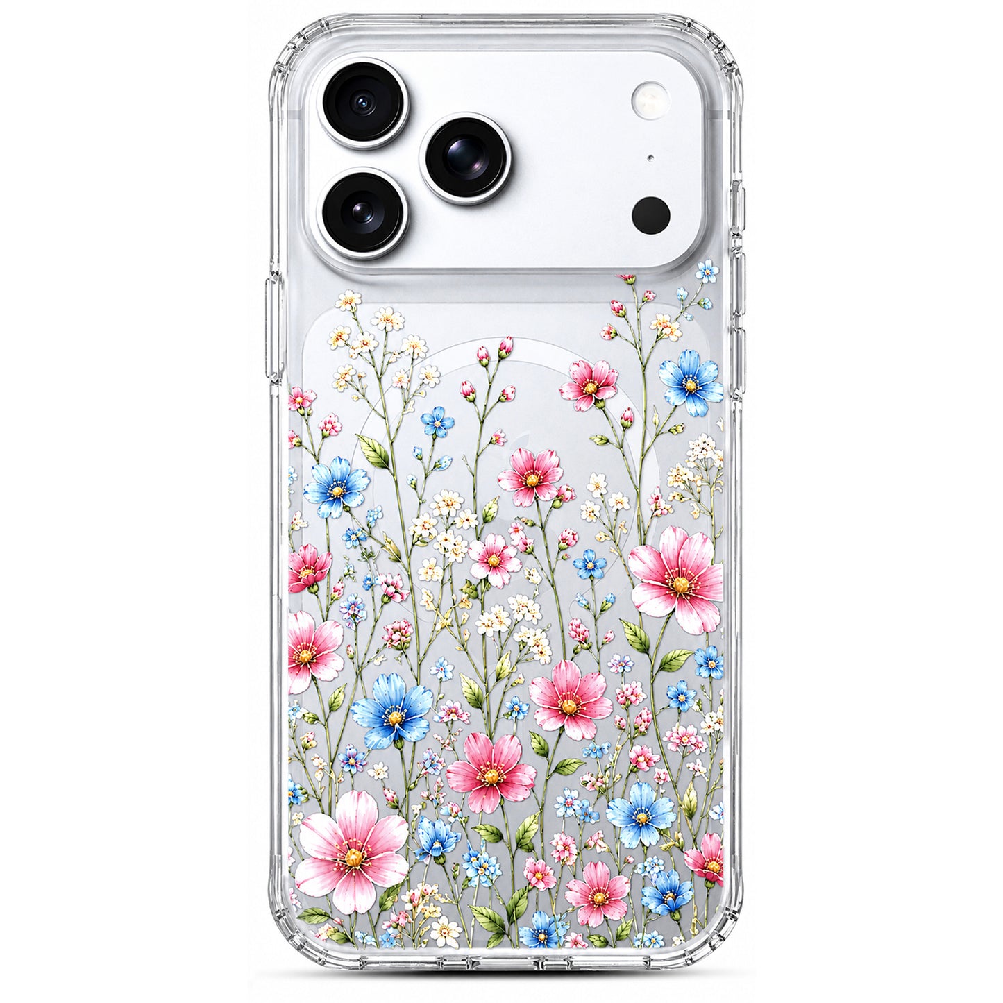 iPhone 17 Pro Case, Anti-Scratch Clear Case - Pink Blue Wildflower