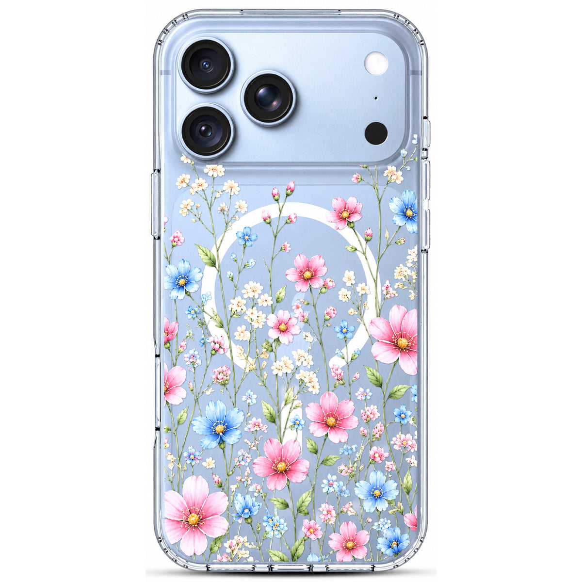 iPhone 18 Pro Max Case, Anti-Scratch Clear Case - Pink Blue Wildflower