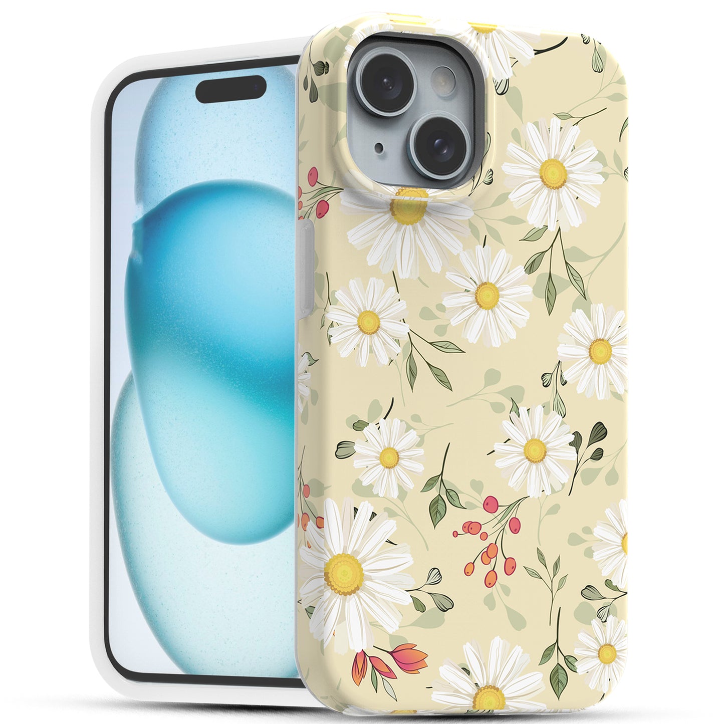 iPhone 15 Case, Slim Glossy Scratch-Proof Case - White Daisies