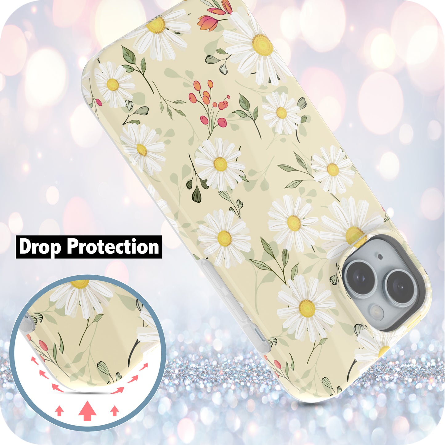 iPhone 15 Case, Slim Glossy Scratch-Proof Case - White Daisies