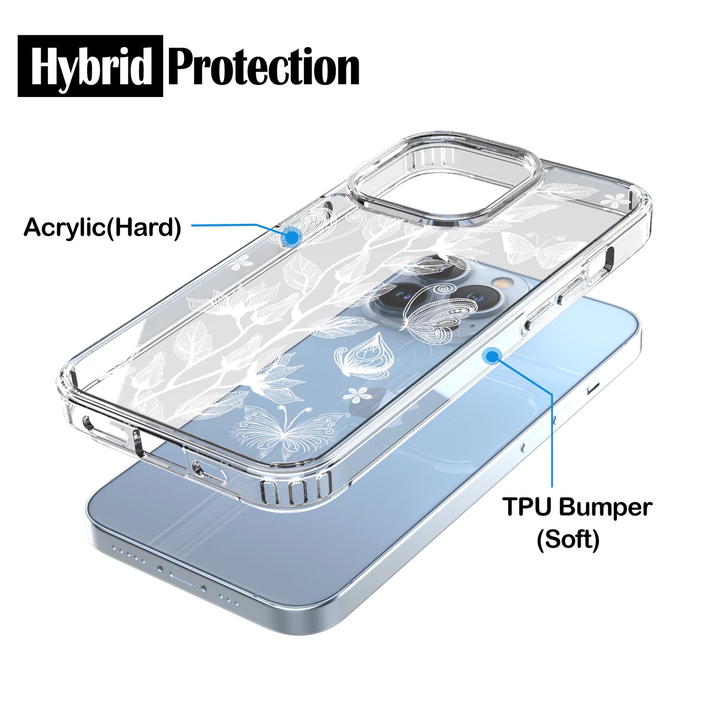 iPhone 13 Pro Max Case, Anti-Scratch Clear Case - Flower and Butterfly