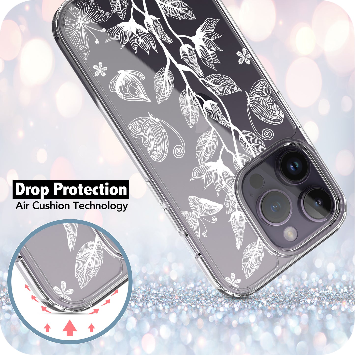 iPhone 14 Pro Case, Anti-Scratch Clear Case - Flower and Butterfly