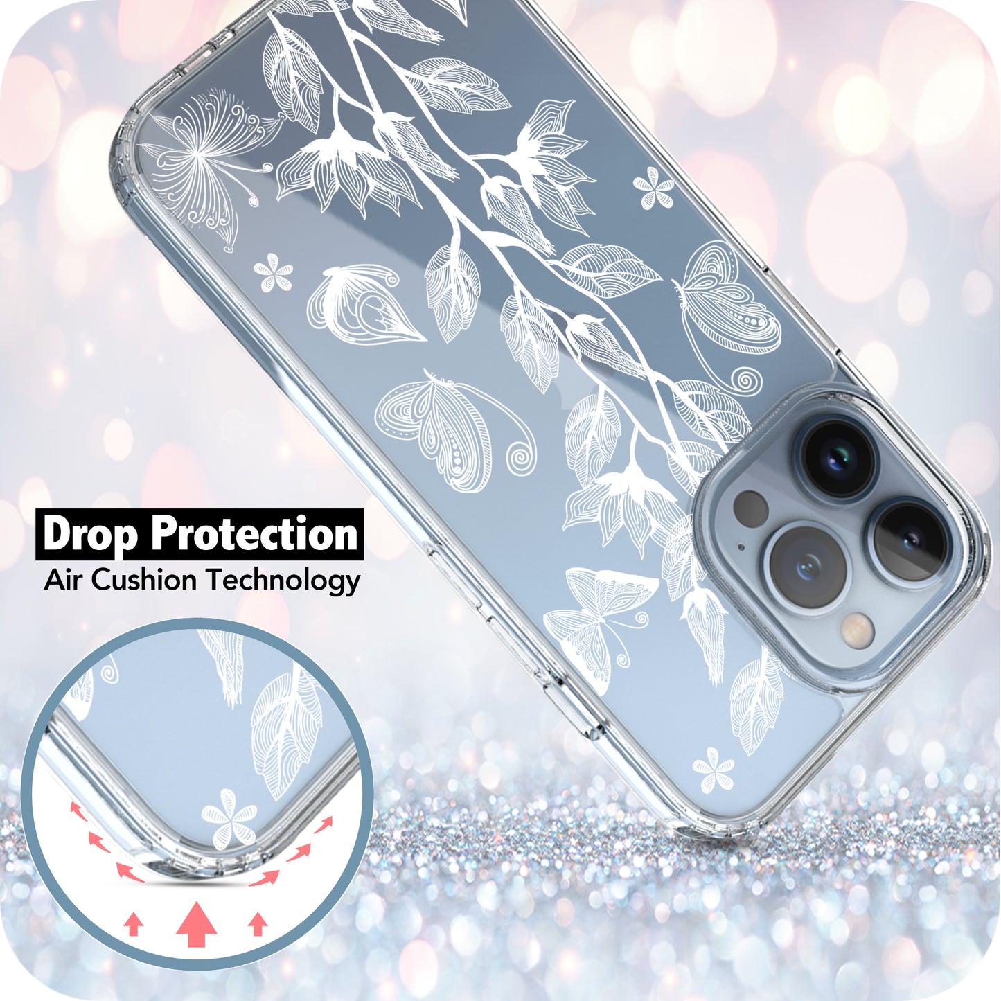 iPhone 13 Pro Max Case, Anti-Scratch Clear Case - Flower and Butterfly