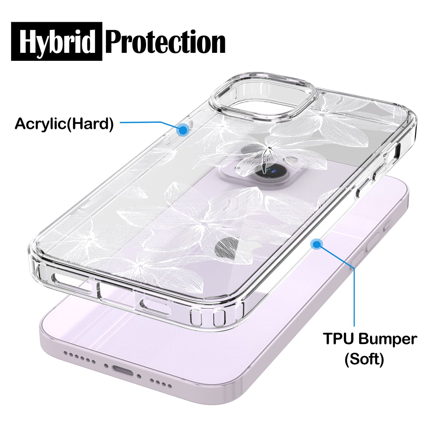 iPhone 14 Plus Case, Anti-Scratch Clear Case - White Flower