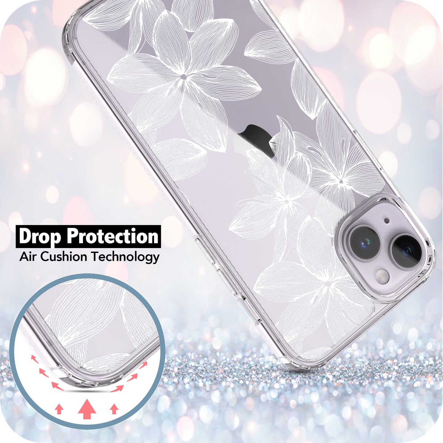 iPhone 14 Plus Case, Anti-Scratch Clear Case - White Flower