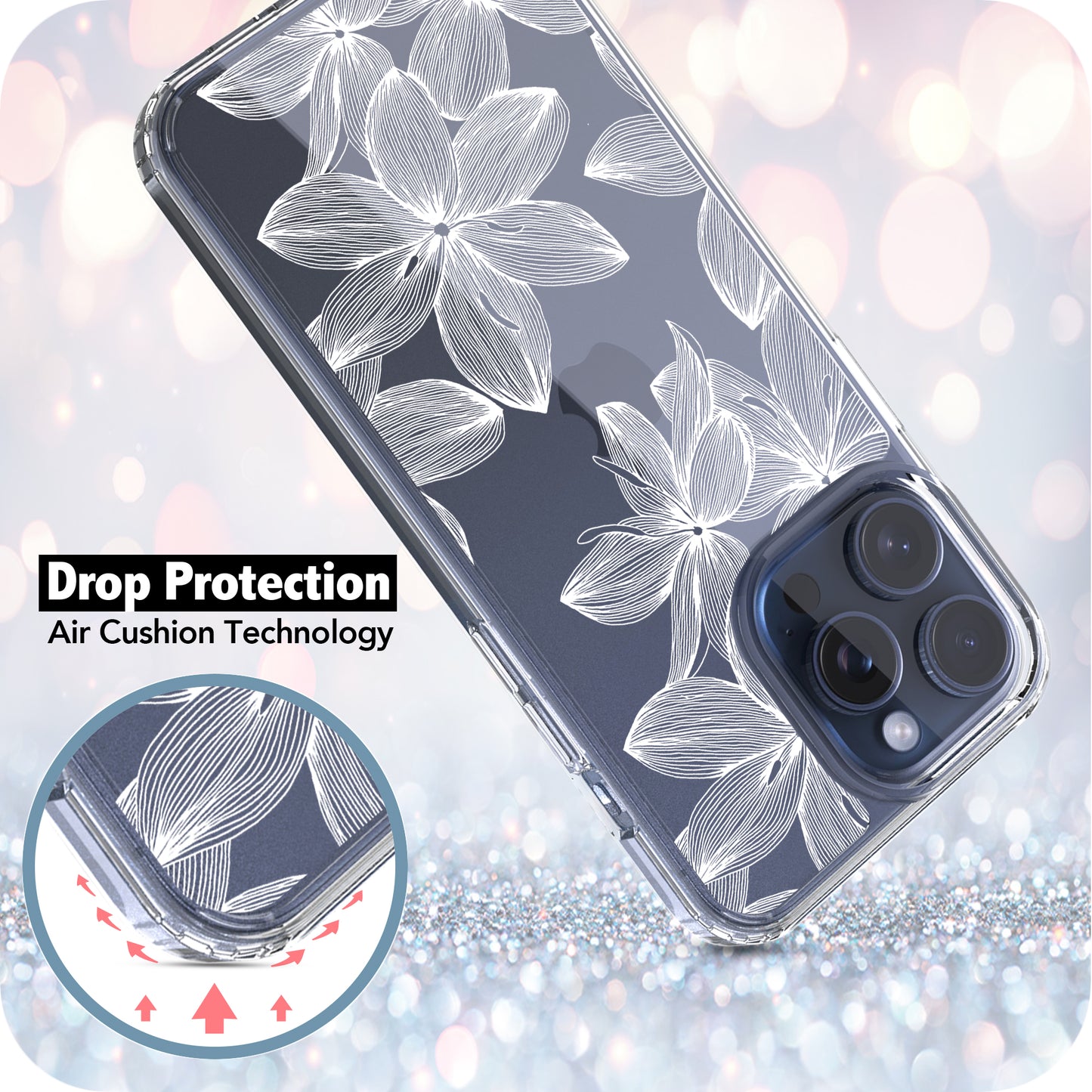 iPhone 15 Pro Case, Anti-Scratch Clear Case - White Flower