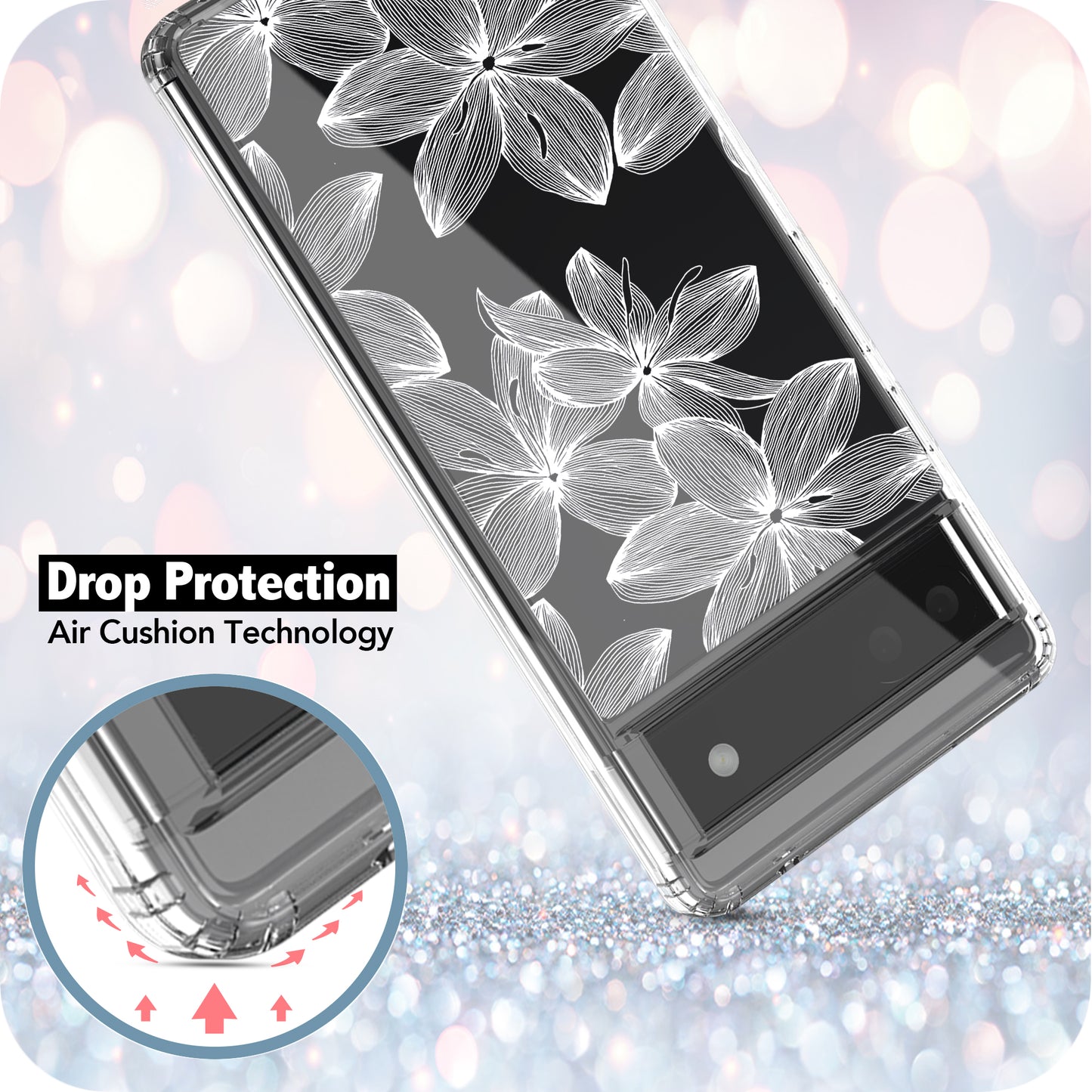 Google Pixel 6A Case, Anti-Scratch Clear Case - White Flower