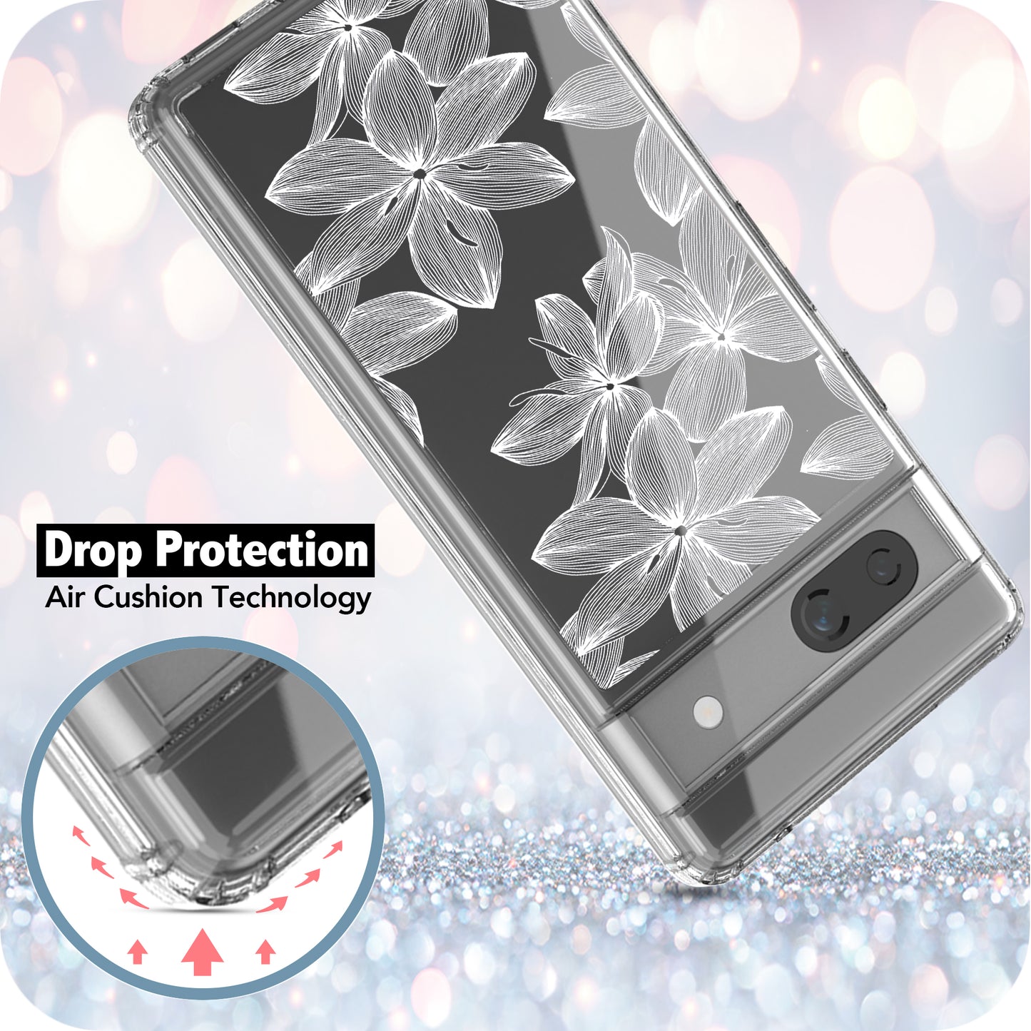 Google Pixel 7A Case, Anti-Scratch Clear Case - White Flower