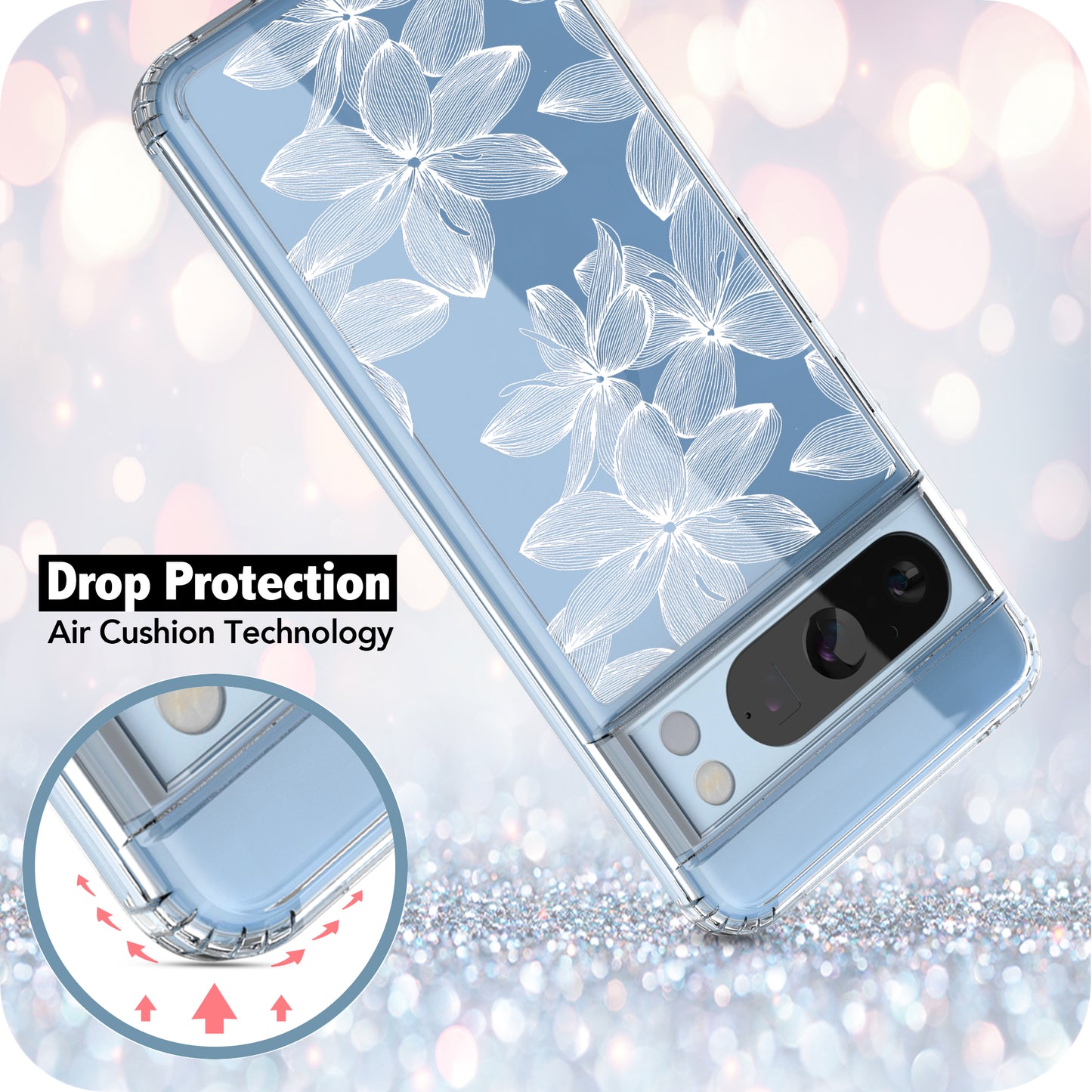 Google Pixel 8 Pro Case, Anti-Scratch Clear Case - White Flower