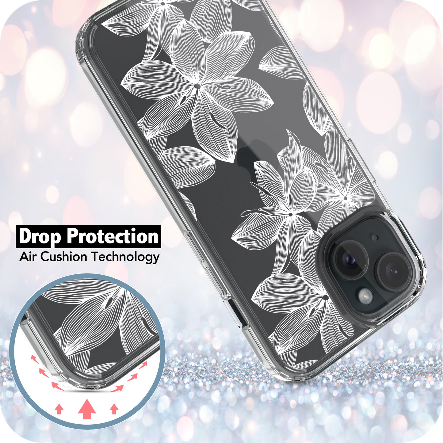 iPhone 15 Case, Anti-Scratch Clear Case - White Flower