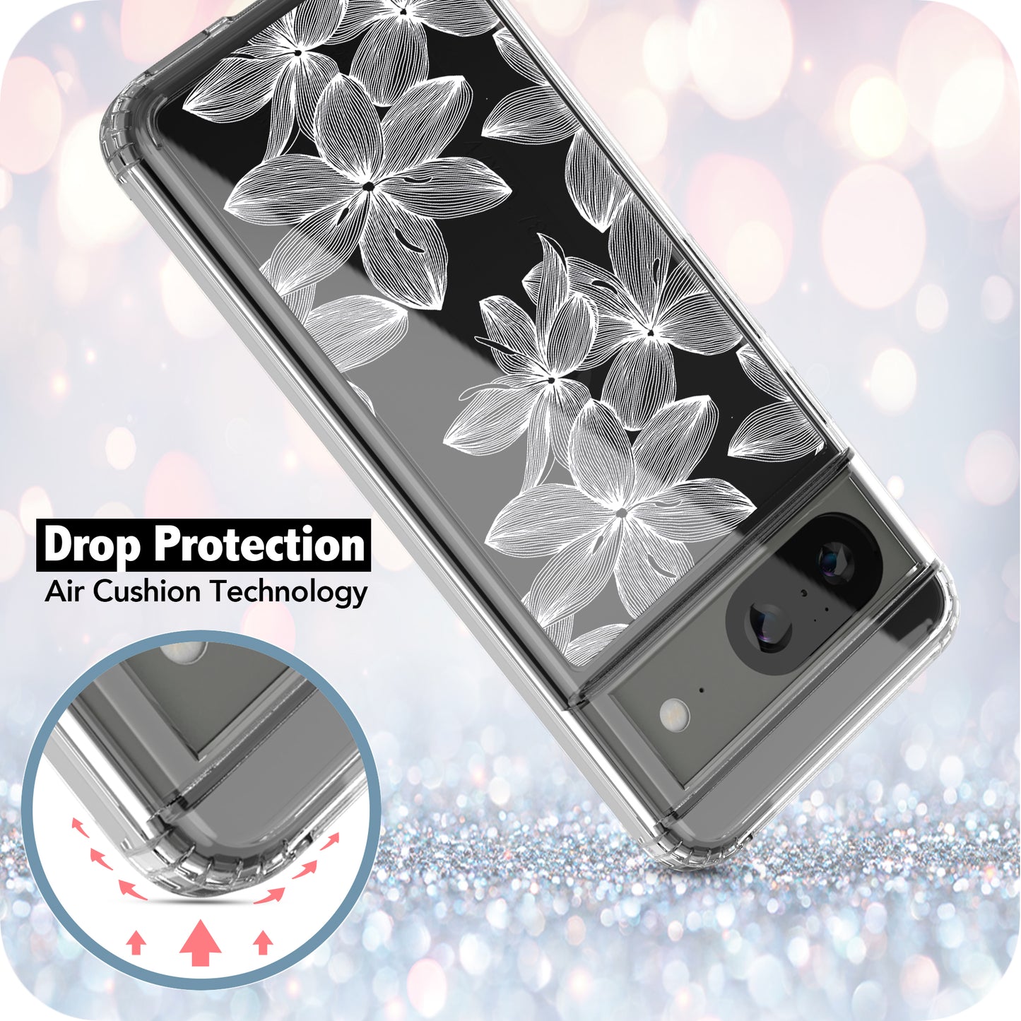 Google Pixel 8 Case, Anti-Scratch Clear Case - White Flower