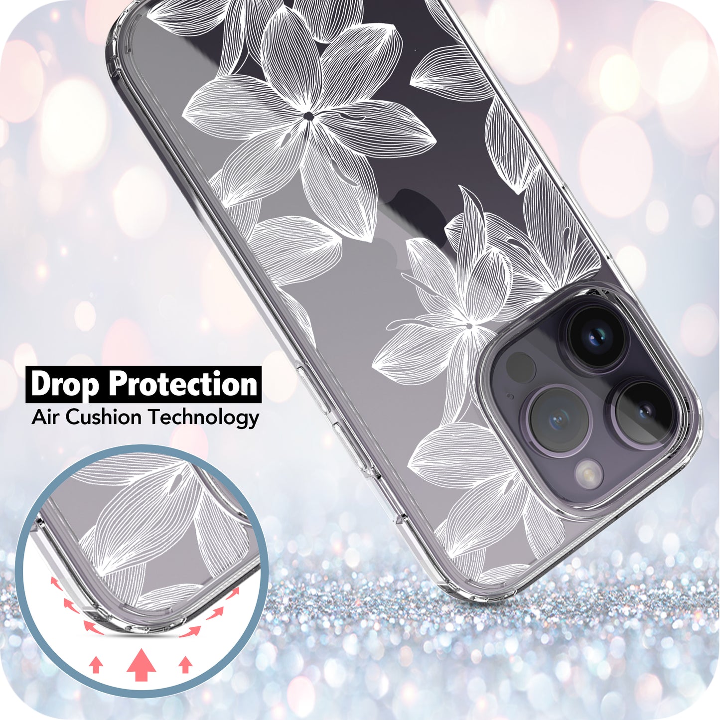 iPhone 14 Pro Case, Anti-Scratch Clear Case - White Flower