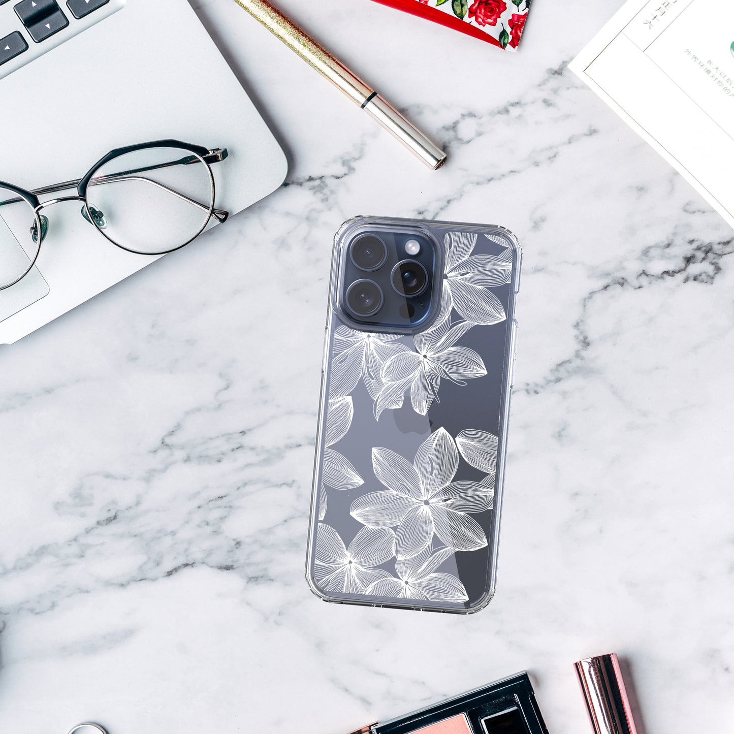 iPhone 15 Pro Case, Anti-Scratch Clear Case - White Flower