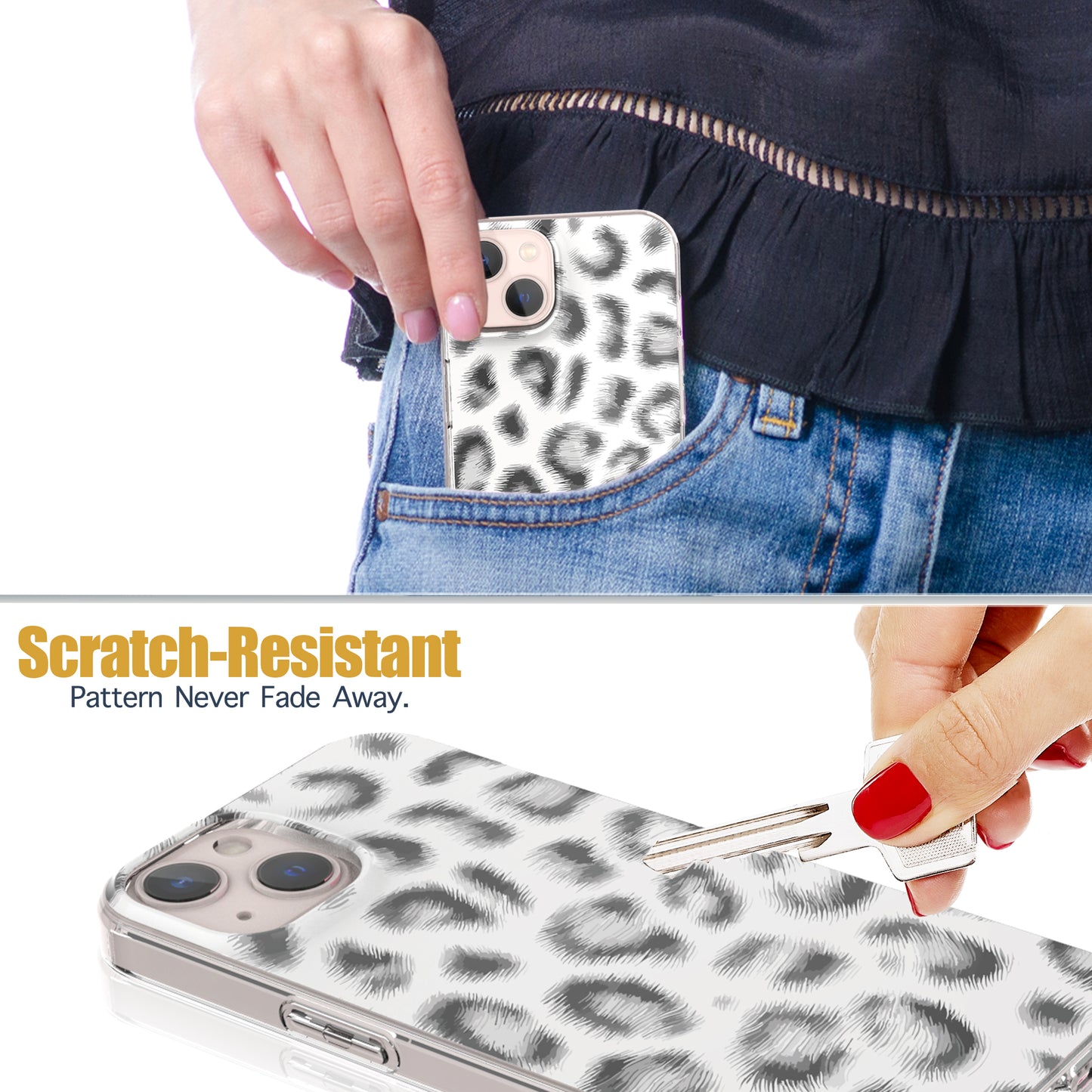 iPhone 14 Case, Anti-Scratch Clear Case - White Leopard