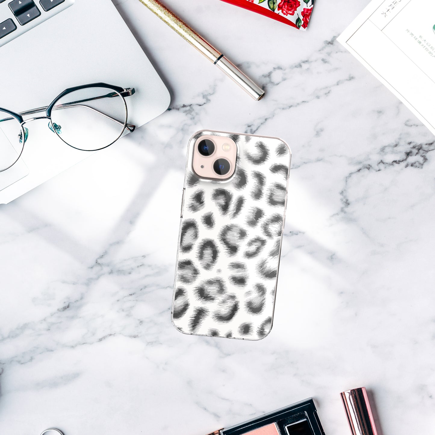 iPhone 15 Case, Anti-Scratch Clear Case - White Leopard