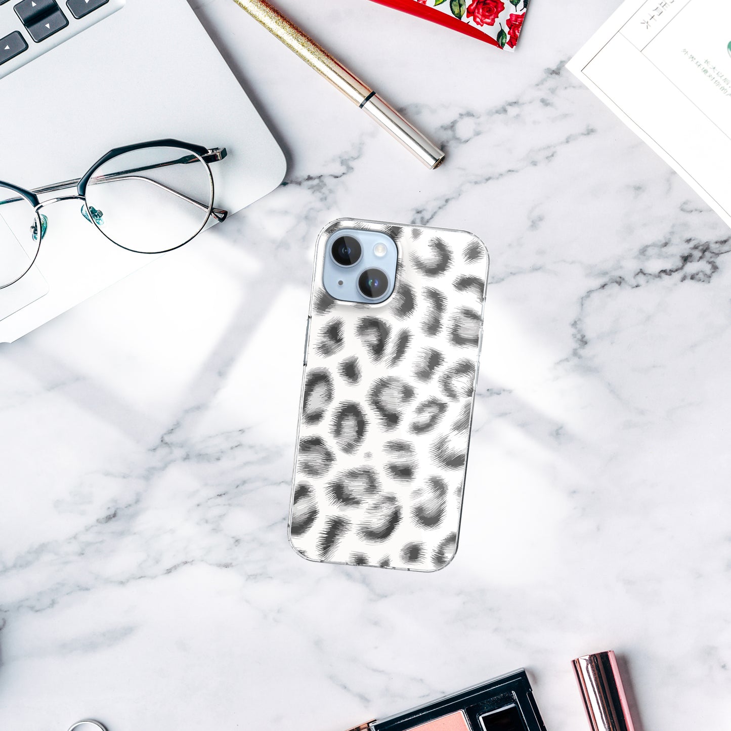 iPhone 14 Case, Anti-Scratch Clear Case - White Leopard