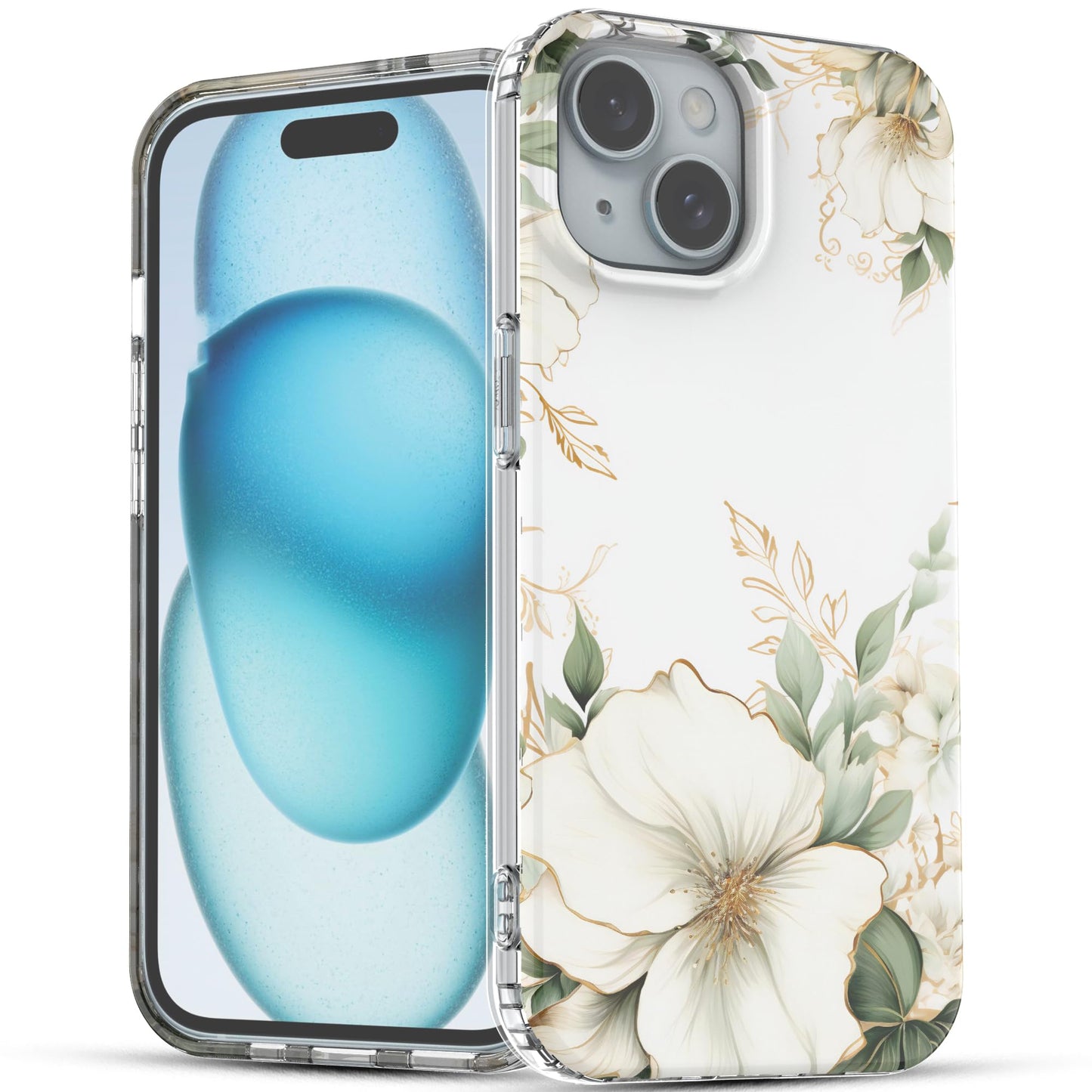 iPhone 15 Case, Anti-Scratch Clear Case - Blooming Roses and Leaf